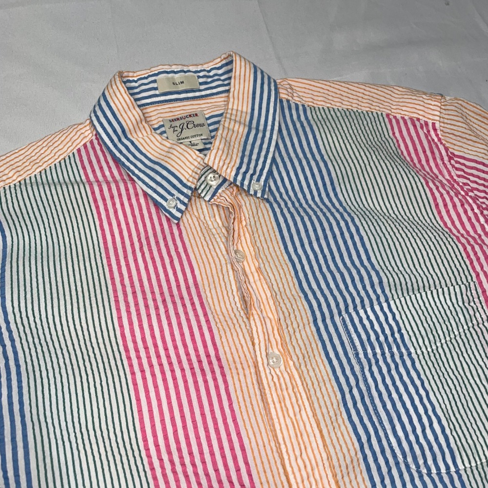 J. Crew Mens Slim Fit Seersucker Organic Cotton Striped Button Down Shirt Large - Picture 1 of 7